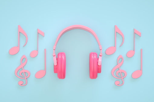 3d rendering of Headphones and musical notes minimal background.