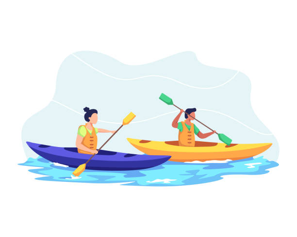 illustrations, cliparts, dessins animés et icônes de illustration de kayak de couples ensemble - canoë