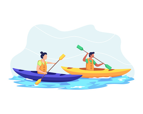 Young couple kayaking on lake together, Kayaking sport competition. Man and woman vacation, Wild and water fun on summer. Vector illustration in a flat style