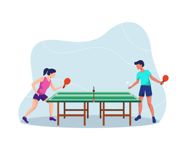 ilustraciones, imágenes clip art, dibujos animados e iconos de stock de dos jugadores juegan al tenis de mesa - tennis couple women men