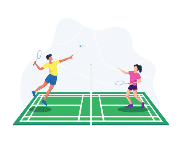 Playing badminton illustration Badminton player jumping get ready to smash shot, Man and woman badminton player. People playing badminton with shuttle on court. Vector illustration in a flat style badminton stock illustrations