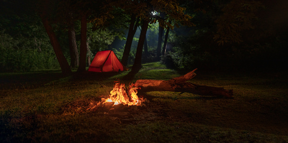 Camp fire and tent at night in the forest with the moonlight