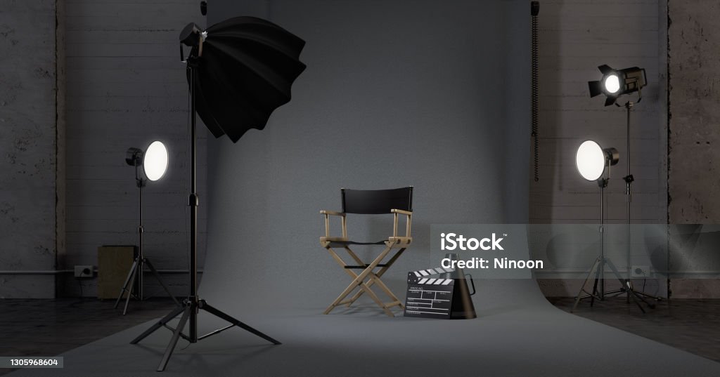Director chair,Movie clapper in studio.Concept for film industry.3d rendering Movie Stock Photo