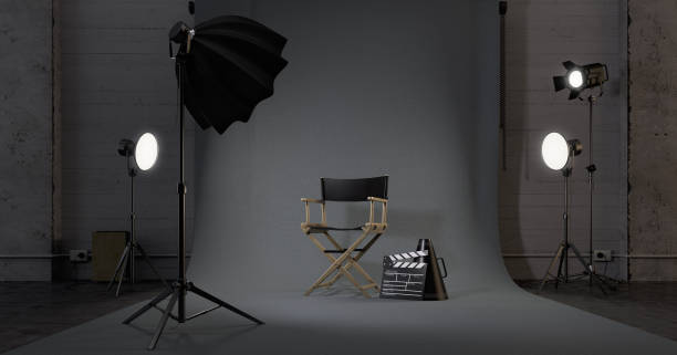 Director chair,Movie clapper in studio.Concept for film industry.3d rendering stock photo