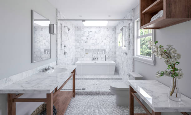 badkamer in nieuw luxe huis - badkamer fotos stockfoto's en -beelden
