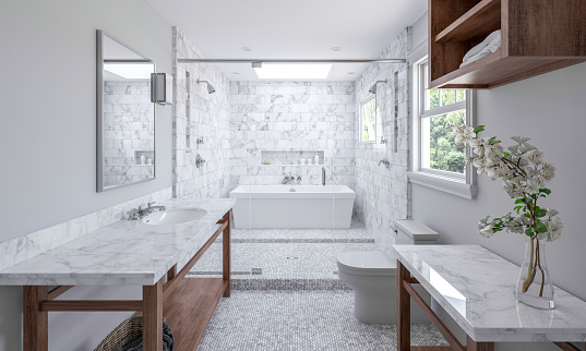 Modern bathroom interior mock up with glass bathtub, big window and bath accessories, loft, 3d rendering