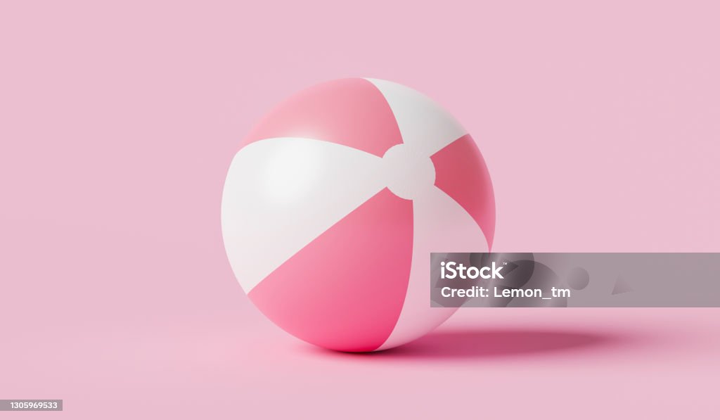 Pink inflatable ball beach toy on pink summer background with balloon concept. 3D rendering. Sports Ball Stock Photo