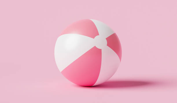 brinquedo de praia de bola inflável rosa no fundo rosa verão com conceito de balão. renderização 3d. - bola de praia - fotografias e filmes do acervo
