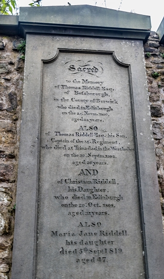 Thomas Riddell grave tombstone in Greyfriars Kirkyard, which was the inspiration for J. K. Rowling created the name of Tom Riddle's (Voldemort) character in Harry Potter in Edinburgh, Scotland
