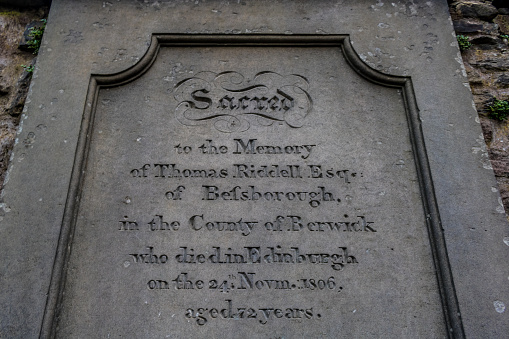 Thomas Riddell grave tombstone in Greyfriars Kirkyard, which was the inspiration for J. K. Rowling created the name of Tom Riddle's (Voldemort) character in Harry Potter in Edinburgh, Scotland