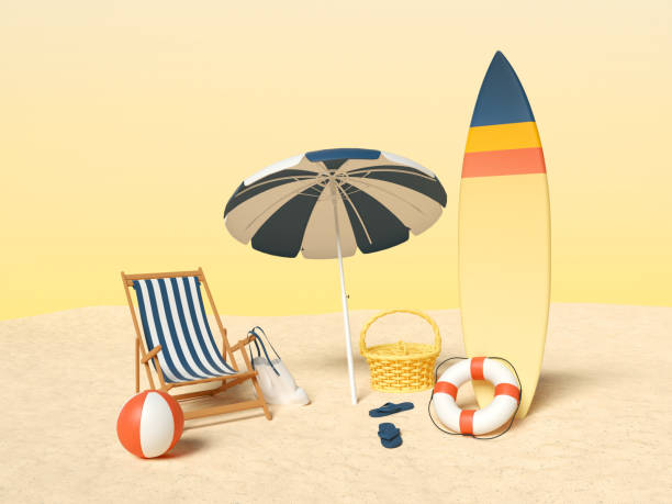 istock 3d Sand with chair and Beach umbrella 1305971356
