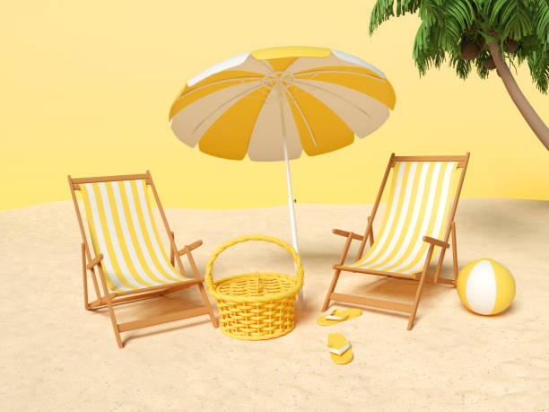 istock 3d Sand with chair and Beach umbrella 1305971359