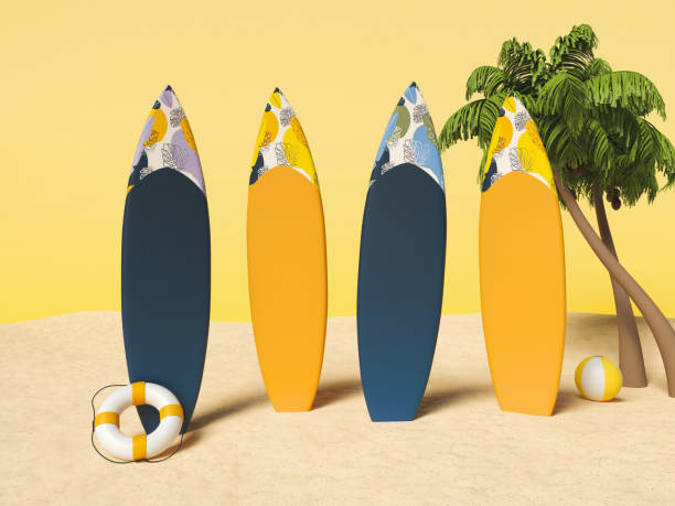istock 3d Surfboards on sand. Summer holidays 1305971364