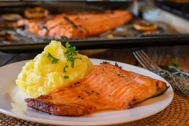 grilled salmon with mashed potatoes served on a plate with blurred background