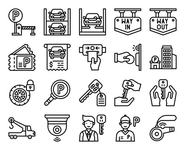 Parking lot related line icon set 4, vector illustration Parking lot related vector icon set 4, line style car boot stock illustrations