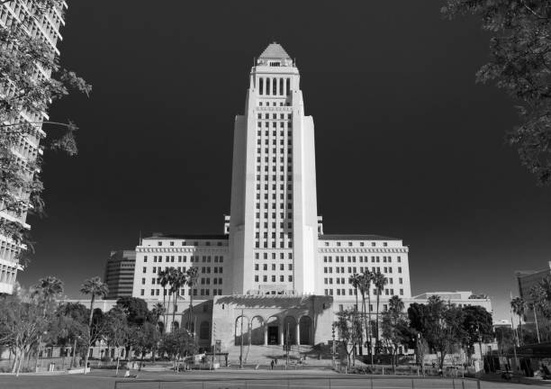 Los Angeles City Hall on bright sunny day in black and white