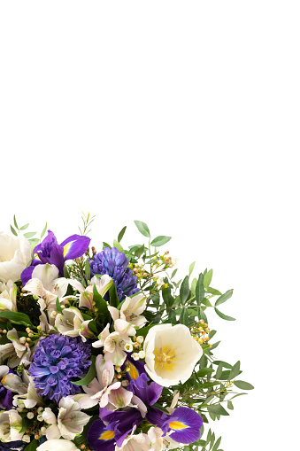 Border with purple and white spring flowers isolated on a white background. Beautiful floral composition. Vertical format. Flat lay, top view, copy space