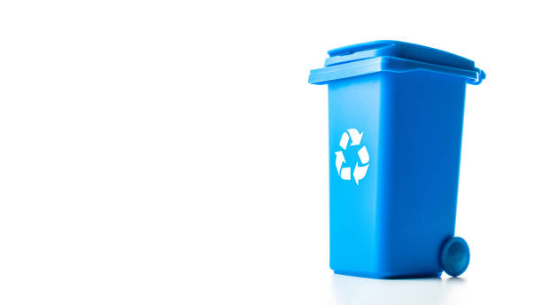 istock Trash bin. Blue dustbin for recycle paper trash isolated on white background. Container for disposal garbage waste and save environment. 1305976097