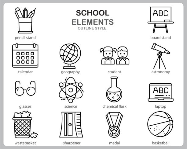 ilustraciones, imágenes clip art, dibujos animados e iconos de stock de conjunto de iconos escolares para sitio web, documento, diseño de pósteres, impresión, aplicación. estilo de contorno de icono de concepto escolar. - wastepaper basket