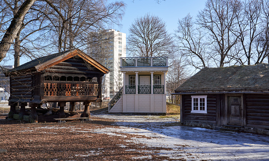 Drammen, Norway - March 4, 2021 Drammen Museum of Art and Cultural History.
This is the outdoor museum with log cabins from Hallingdal.