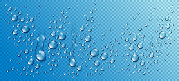 Water rain drops or condensation in shower realistic transparent 3d vector composition over transparency checker grid, easy to put over any background or use droplets separately.