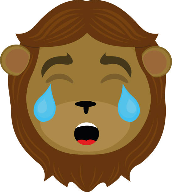 illustrazioni stock, clip art, cartoni animati e icone di tendenza di illustrazione vettoriale emoticon cartone animato della testa di leone con un'espressione triste e pianto con gli occhi chiusi e le lacrime sul viso - male animal mammal animals in the wild fur