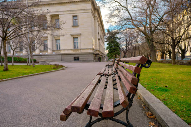 Old type and vintage type bench in park of Sts. Cyril and Methodius National Library