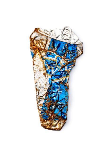 Recycled Concept - one Empty Tin on White Background, with Copy space. Crushed Metal Can
