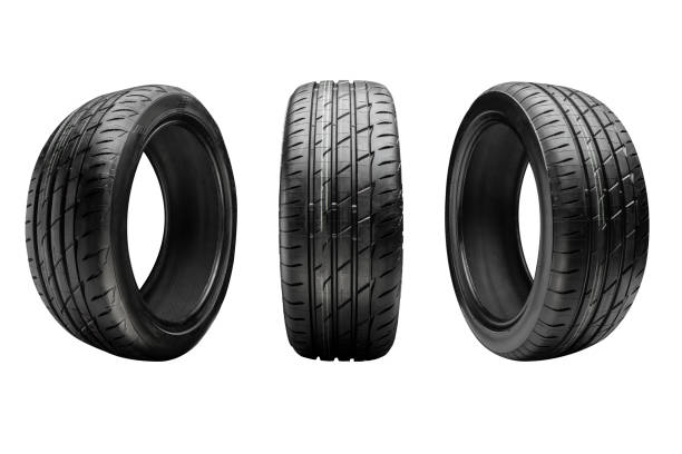 three new summer tires, isolate on a white background stock photo