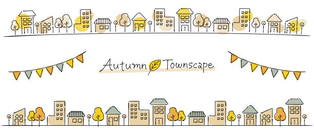 水彩画風の秋のイメージを持つラインアートの街並み - オフィス街　日本点のイラスト素材／クリップアート素材／マンガ素材／アイコン素材