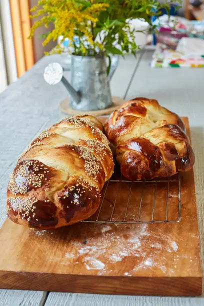 Photo of Two Challah Loaves on a Rack