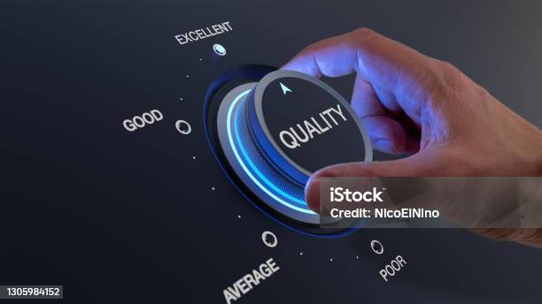 Selecting Excellent Quality To Increase Customer Satisfaction Quality Assurance Management And Control For Products Or Services Concept With Qa Managers Hand Turning Knob Stock Photo - Download Image Now
