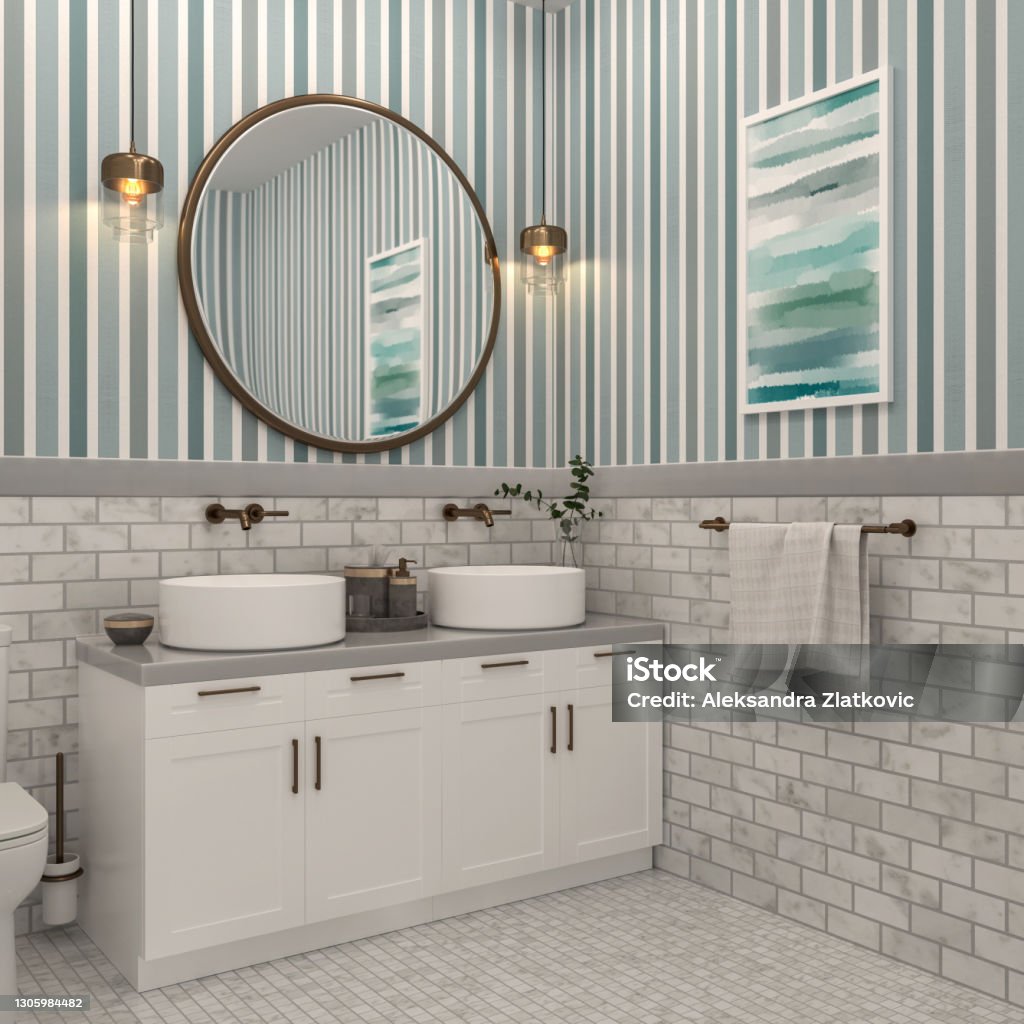 Small colorful bathroom Picture of a colorful bathroom with a double sink. Render image. Bathroom Stock Photo