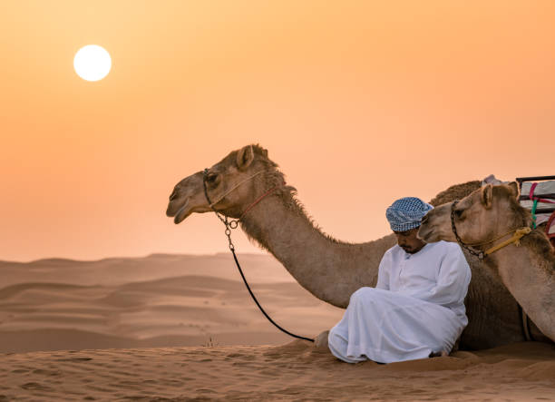 Wahiba Sands,Oman - 04.07.2018: A man in white robe and his camel. stock photo
