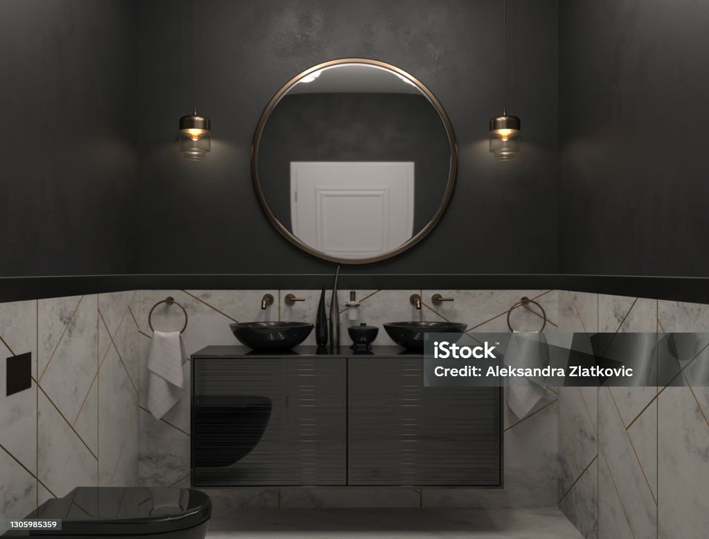 Luxury black bathroom Luxury, black bathroom, with a double sink. Render image. Bathroom Stock Photo