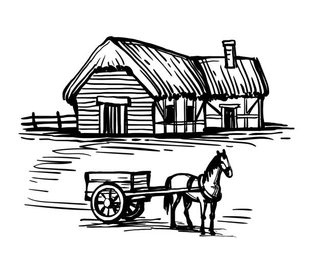 Ink sketch of country house and horse with cart. Old European country house and horse harnessed to a cart. Ink sketch isolated on white background. Hand drawn vector illustration. Retro style. thatched roof stock illustrations