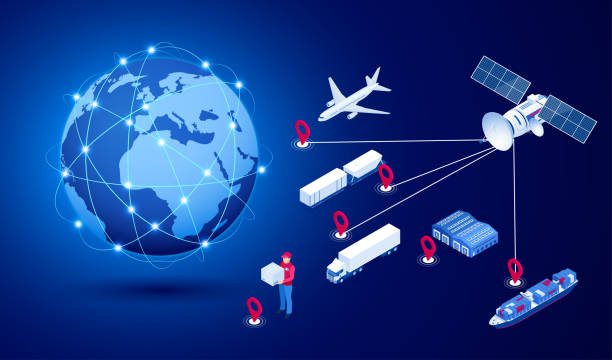 isometrisches globales logistiknetzwerkkonzept. frachtversand. satellit verfolgt die bewegung des güterverkehrs. seefahrt, luftschifffahrt transport logistik, lagerlagerkonzept, export oder import - business global business merger globe stock-grafiken, -clipart, -cartoons und -symbole