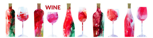 illustrazioni stock, clip art, cartoni animati e icone di tendenza di set di vini astratti acquerello con bottiglie di vino rosso e bicchiere - grape red grape red farmers market