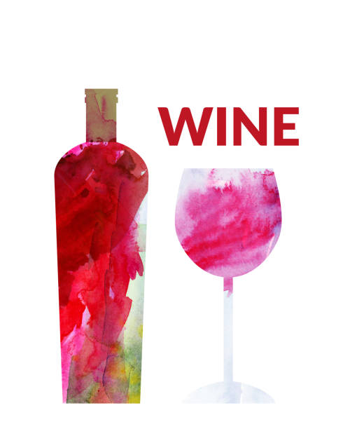 illustrazioni stock, clip art, cartoni animati e icone di tendenza di set di vini astratti espressivi ad acquerello con bottiglia di vino rosso o rosato e bicchiere - grape red grape red farmers market