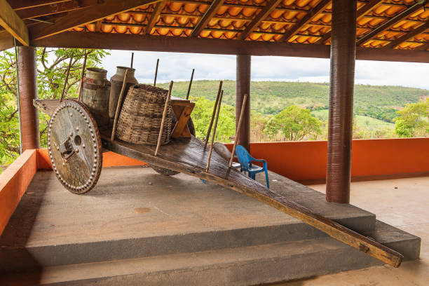 Capitólio - MG, Brazil - December 10, 2020: Ox cart, Carro de Boi in portuguese. Primitive mean of transport for cargo and people used at rural regions of Minas. Cart at Sossegada tourist complex.