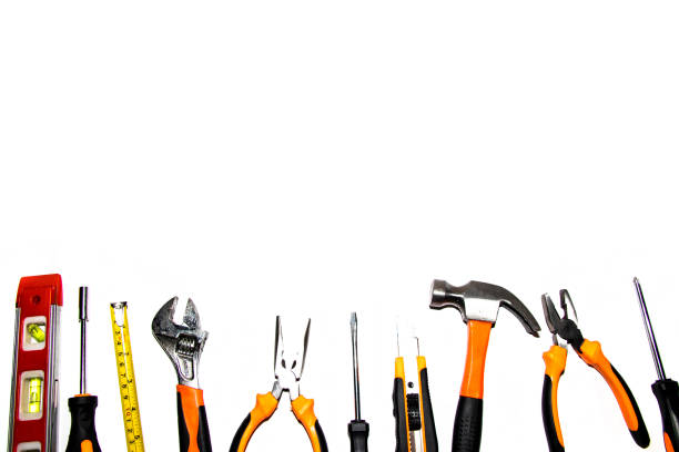 istock Group of used mechanical tools on a white background. With place for text, top view 1305988319