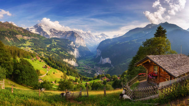 valle de lauterbrunnen en los alpes suizos visto desde el pueblo alpino de wengen - shack european alps switzerland cabin fotografías e imágenes de stock