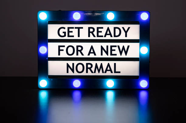 istock Lightbox with green and blue lights in dark room with words - get ready for a new normal 1305990985