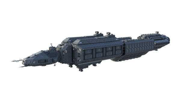 istock Spaceship, alien UFO spacecraft in flight isolated on white background, side view, 3D rendering 1305991917