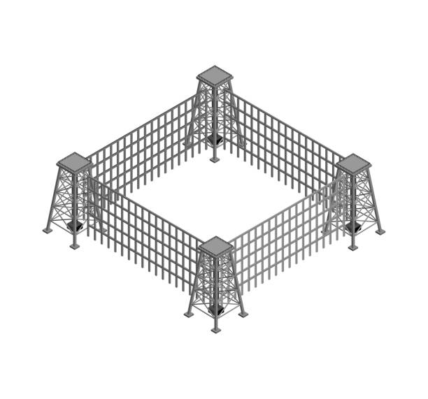 Restricted area with towers and fence. vector illustration Restricted area with towers and fence. vector illustration barbed wire wire factory sky stock illustrations