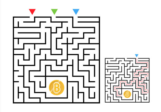 ビットコインで正方形迷路のゲーム。子供のためのラビリンス論理難問。3つの入り口と1つの正しい行き方。ベクトルフラットイラスト - 迷路点のイラスト素材／クリップアート素材／マンガ素材／アイコン素材