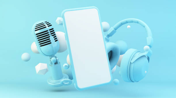 istock Smartphone with blue headphones and microphone 3d rendering 1305994507