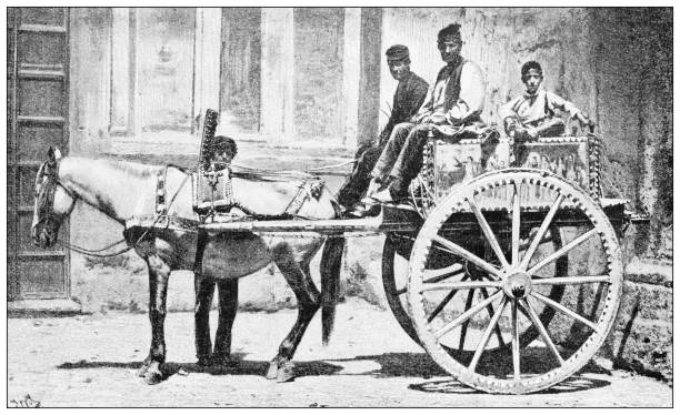 Antique black and white photograph: Different car, carts and carriages of the world, Sicily, Italy Antique black and white photograph: Different car, carts and carriages of the world, Sicily, Italy (Carretto siciliano) sicily photos stock illustrations