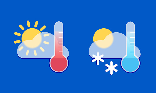 Weather icons cloud and thermometer winter and summer in glassmorphism style. Vector stock illustration.