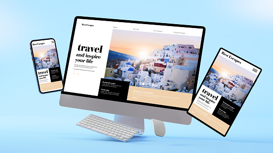 Responsive travel website design presentation 3d rendering mock up